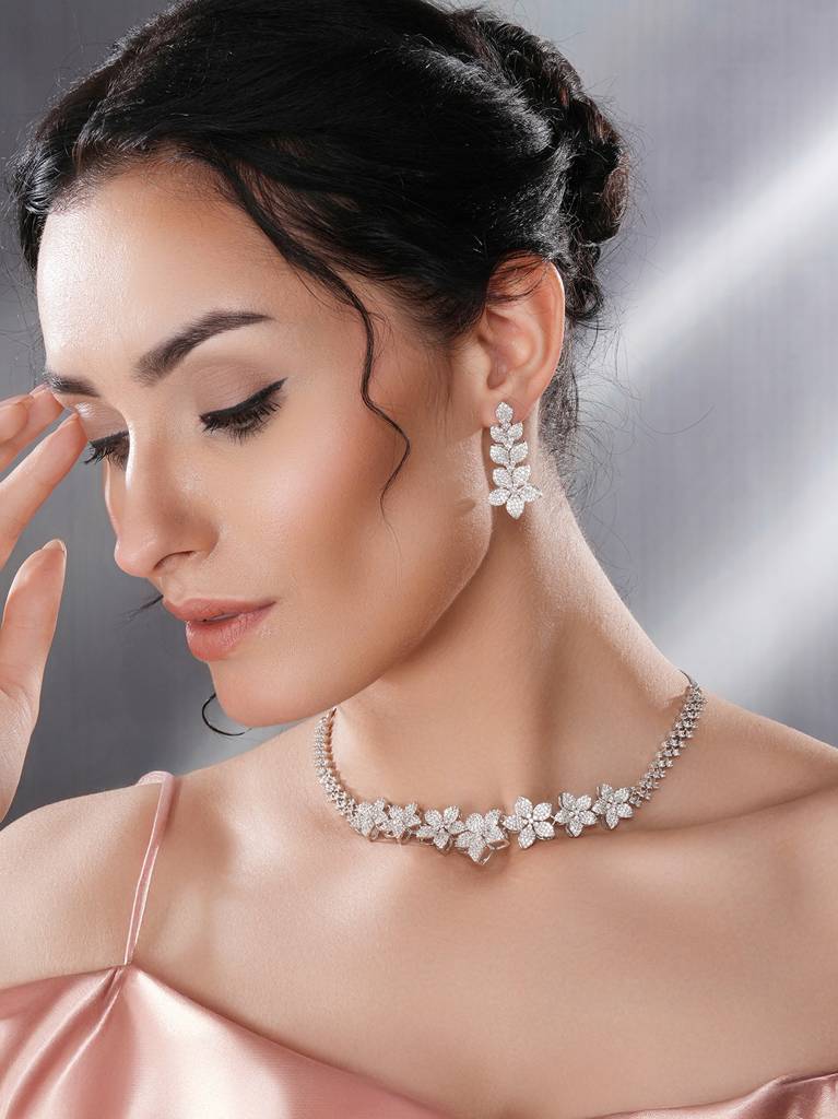 White Rhodium Plated Cubic Zircon Studded Statement Floral Luxe Necklace Jewellery Set : SJNK2688