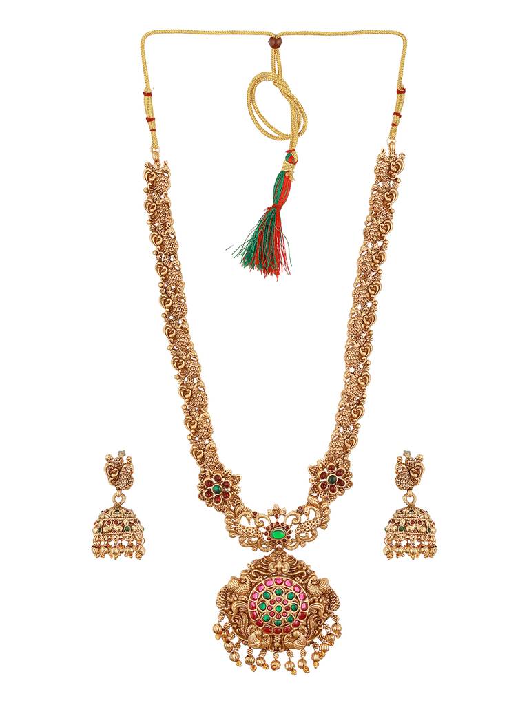 Antique Gold Plated Red & Green Kempo Temple Floral Peacock Long Haram Jhumka Jewellery Set : SJNK2689