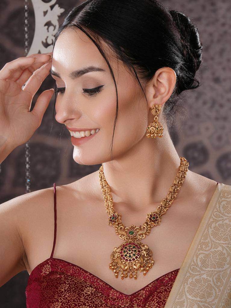 Antique Gold Plated Red & Green Kempo Temple Floral Peacock Long Haram Jhumka Jewellery Set : SJNK2689