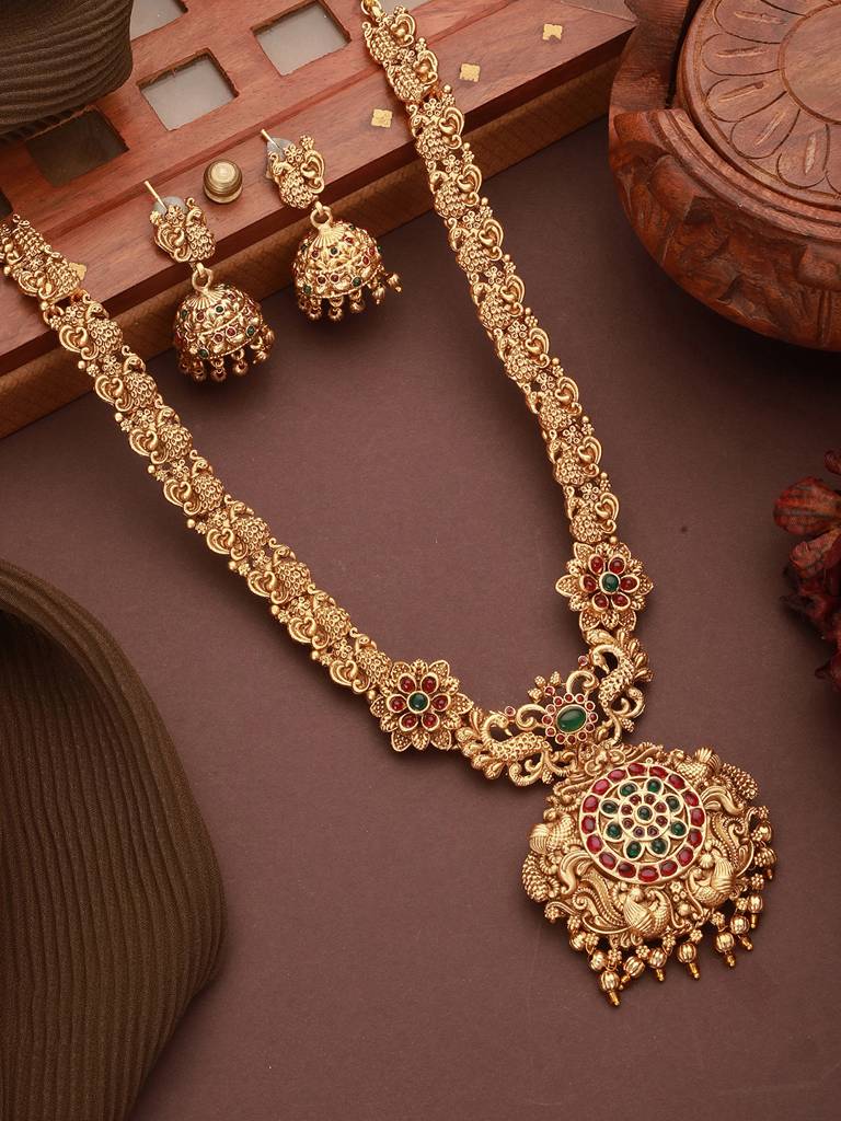 Antique Gold Plated Red & Green Kempo Temple Floral Peacock Long Haram Jhumka Jewellery Set : SJNK2689