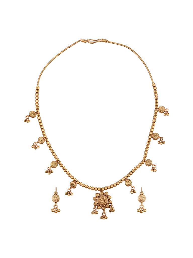 Gold Plated Gold Beads Delicate Temple Goddess Lakshmi Pendant  Minimal Jewellery Set : SJNK2690