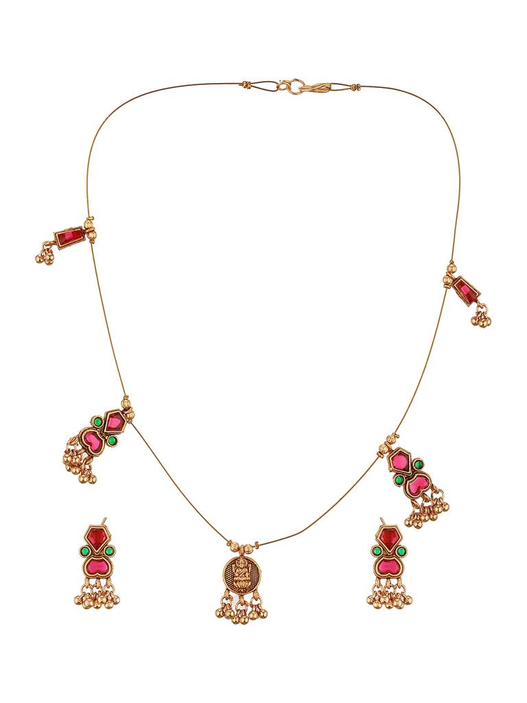 Gold Plated Enamelled  Invisible Chain Delicate Temple Goddess Lakshmi Pendant Minimal  Jewellery Set : SJNK2691