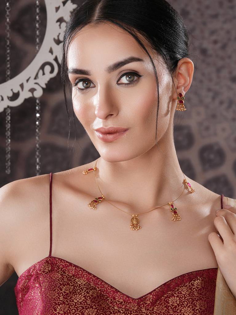 Gold Plated Enamelled  Invisible Chain Delicate Temple Goddess Lakshmi Pendant Minimal  Jewellery Set : SJNK2691