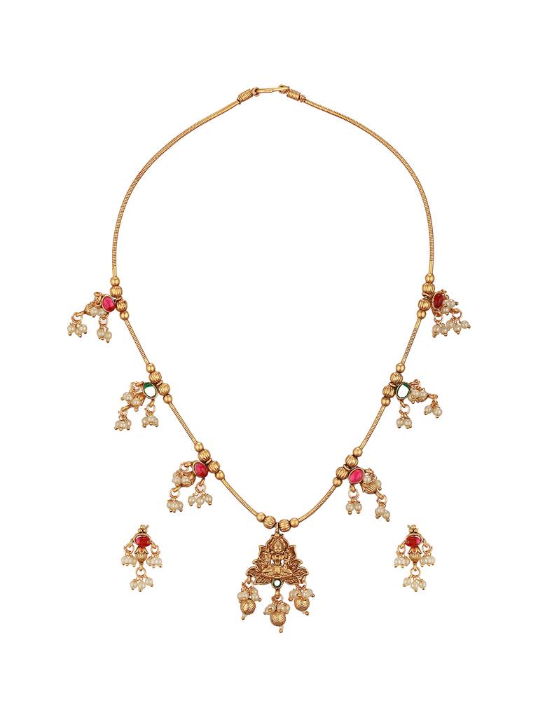 Gold Plated Ball Chain Kempo Studded Lakshmiji Pendant Minimal Jewellery Set : SJNK2692