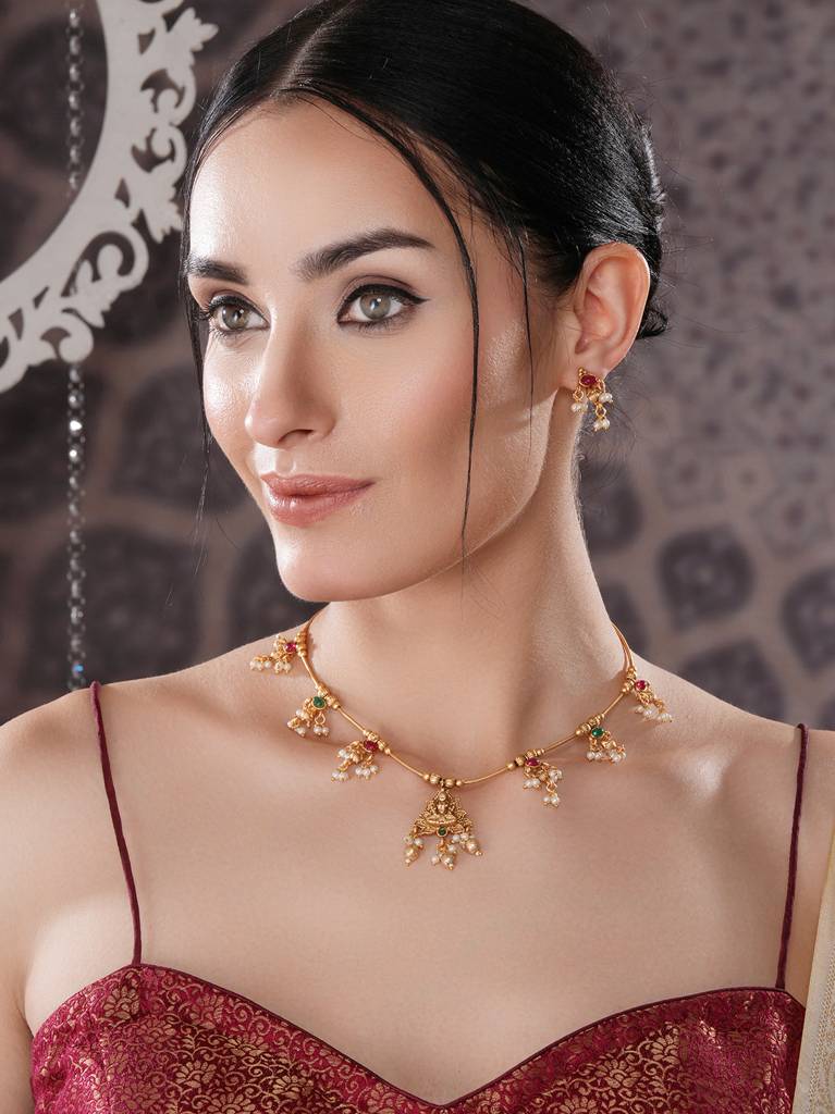Gold Plated Ball Chain Kempo Studded Lakshmiji Pendant Minimal Jewellery Set : SJNK2692