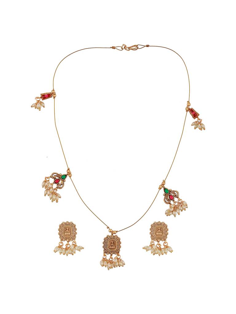 Gold Plated Pearl Beaded Invisible Chain  Temple Lakshmi Motif Pendant Jewellery Set : SJNK2693
