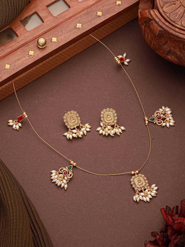 Gold Plated Pearl Beaded Invisible Chain  Temple Lakshmi Motif Pendant Jewellery Set : SJNK2693