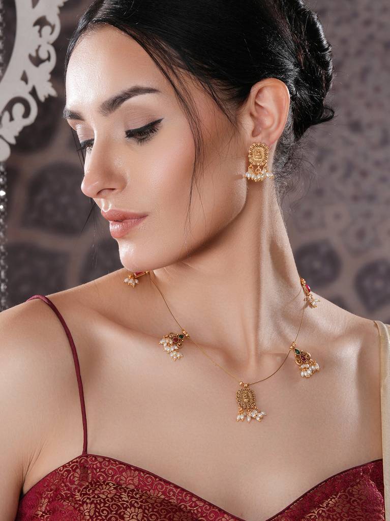 Gold Plated Pearl Beaded Invisible Chain  Temple Lakshmi Motif Pendant Jewellery Set : SJNK2693
