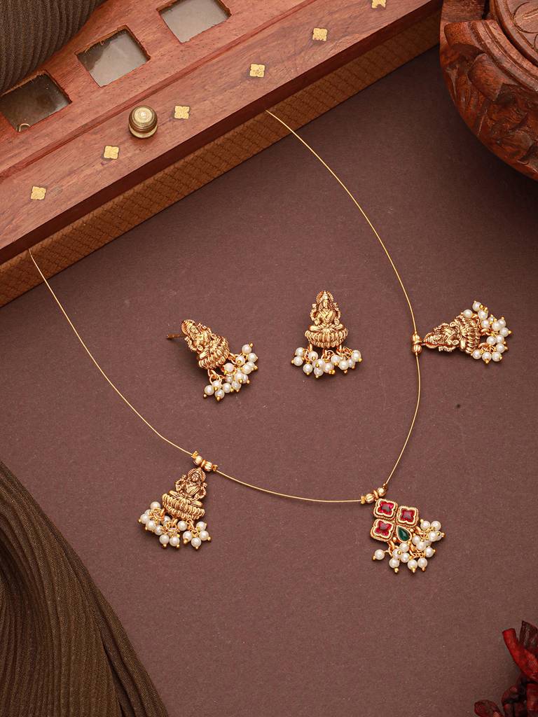 Gold Plated Pearl Beaded Invisible Chain Temple Goddess Lakshmi Motif  Pendant Jewellery Set Brass Gold