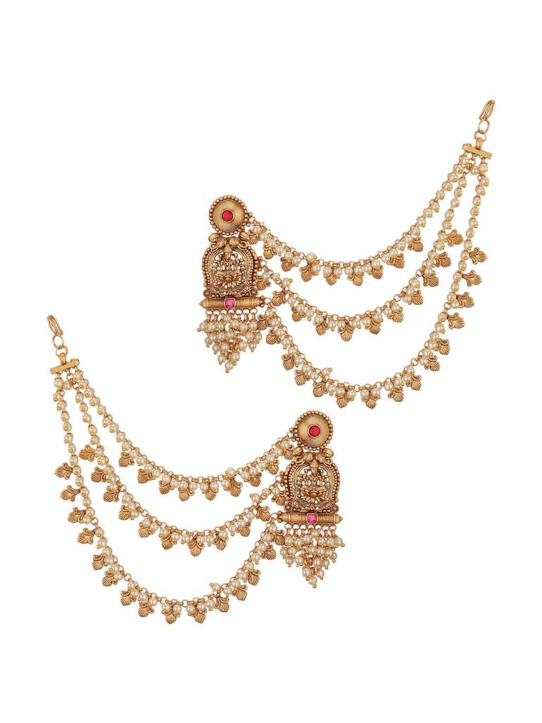 Gold Plated Kemp Stone Studded 3 Layered Pearl Lakshmi Ji Design Temple Matil With Earchain Earrings : SJER2695