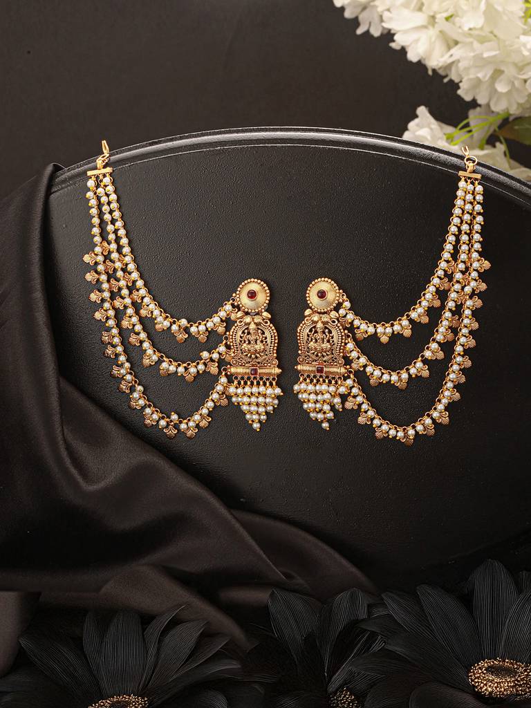 Gold Plated Kemp Stone Studded 3 Layered Pearl Lakshmi Ji Design Temple Matil With Earchain Earrings : SJER2695