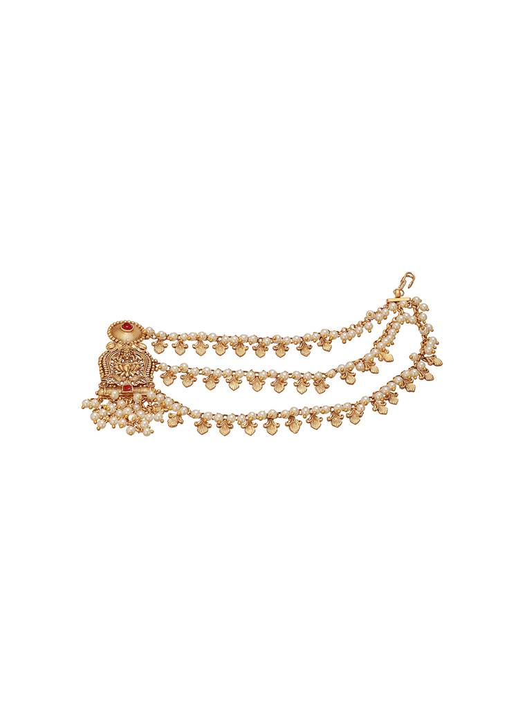 Gold Plated Kemp Stone Studded 3 Layered Pearl Lakshmi Ji Design Temple Matil With Earchain Earrings : SJER2695