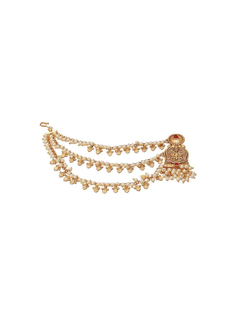 Gold Plated Kemp Stone Studded 3 Layered Pearl Lakshmi Ji Design Temple Matil With Earchain Earrings : SJER2695