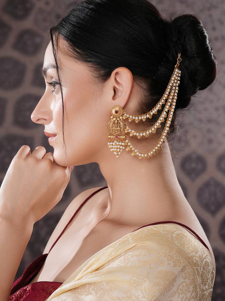 Gold Plated Kemp Stone Studded 3 Layered Pearl Lakshmi Ji Design Temple Matil With Earchain Earrings : SJER2695
