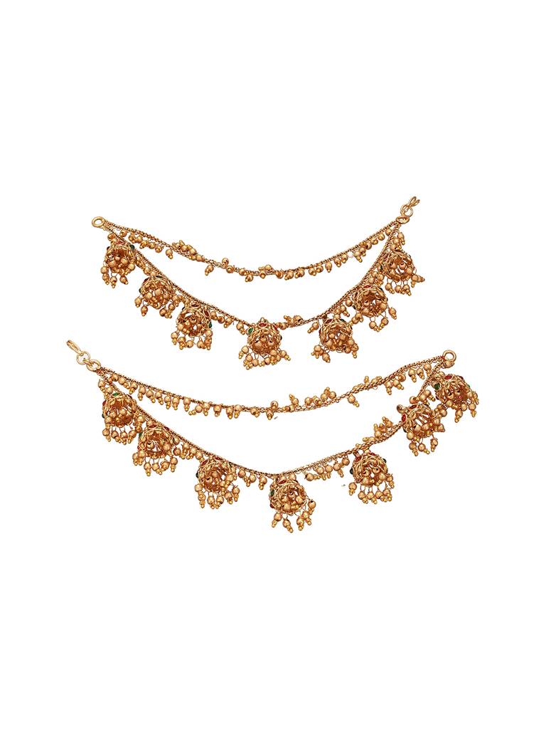 Gold Plated Double Layered Pearls Matil  Jhumka Design Champaswaralu  Temple  Ear Chain Earrings : SJER2697