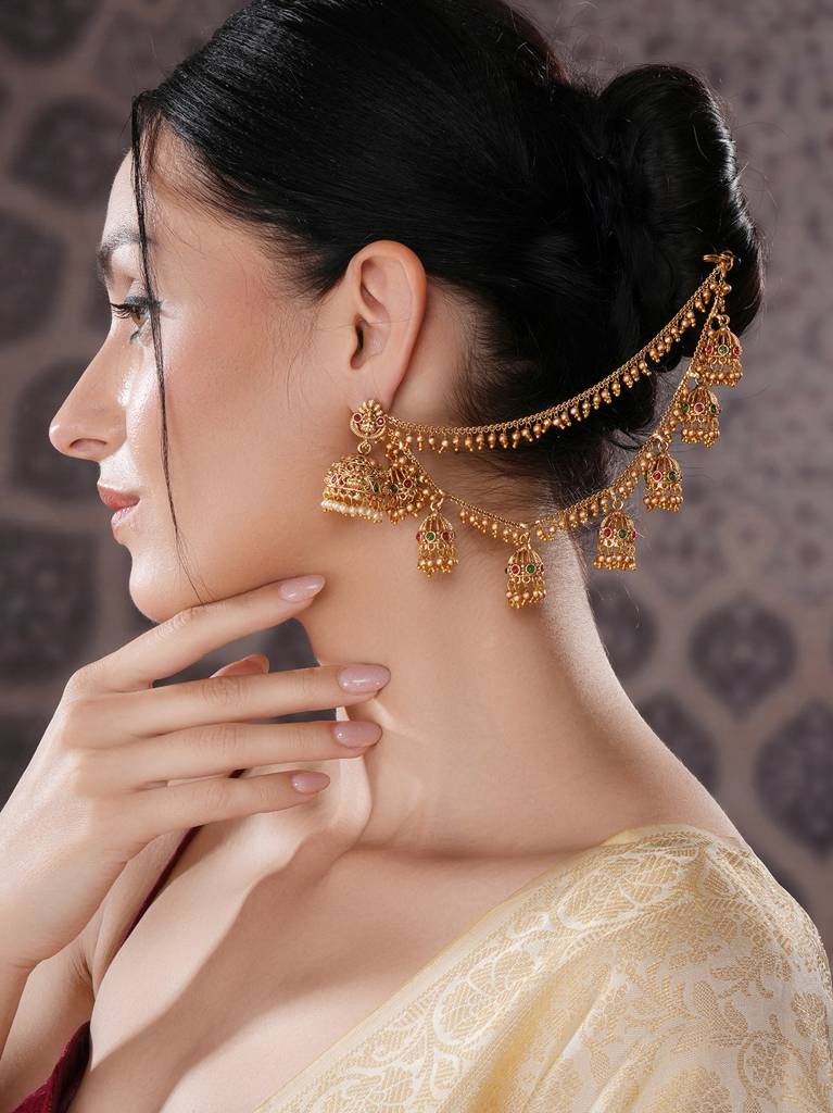 Gold Plated Double Layered Pearls Matil  Jhumka Design Champaswaralu  Temple  Ear Chain Earrings : SJER2697