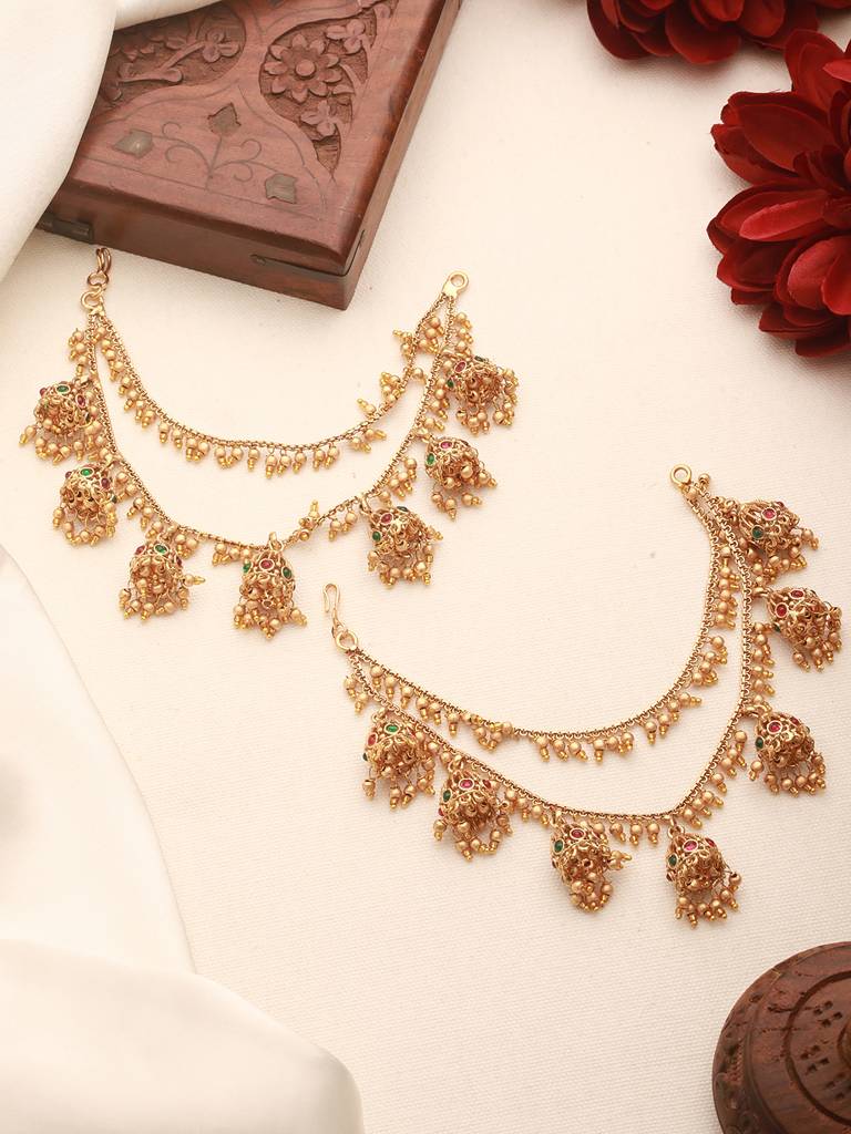 Gold Plated Double Layered Pearls Matil  Jhumka Design Champaswaralu  Temple  Ear Chain Earrings : SJER2697