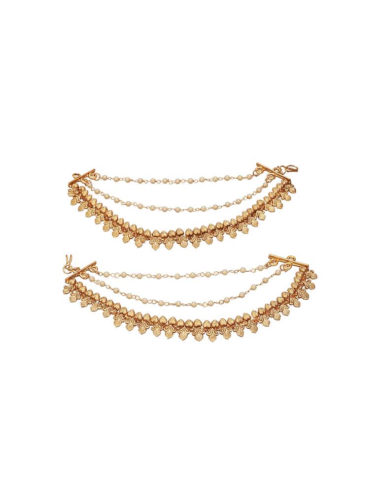 Gold Plated 3 Layered Pearls Matil  Champaswaralu  Temple  Ear Chain Earrings : SJER2698