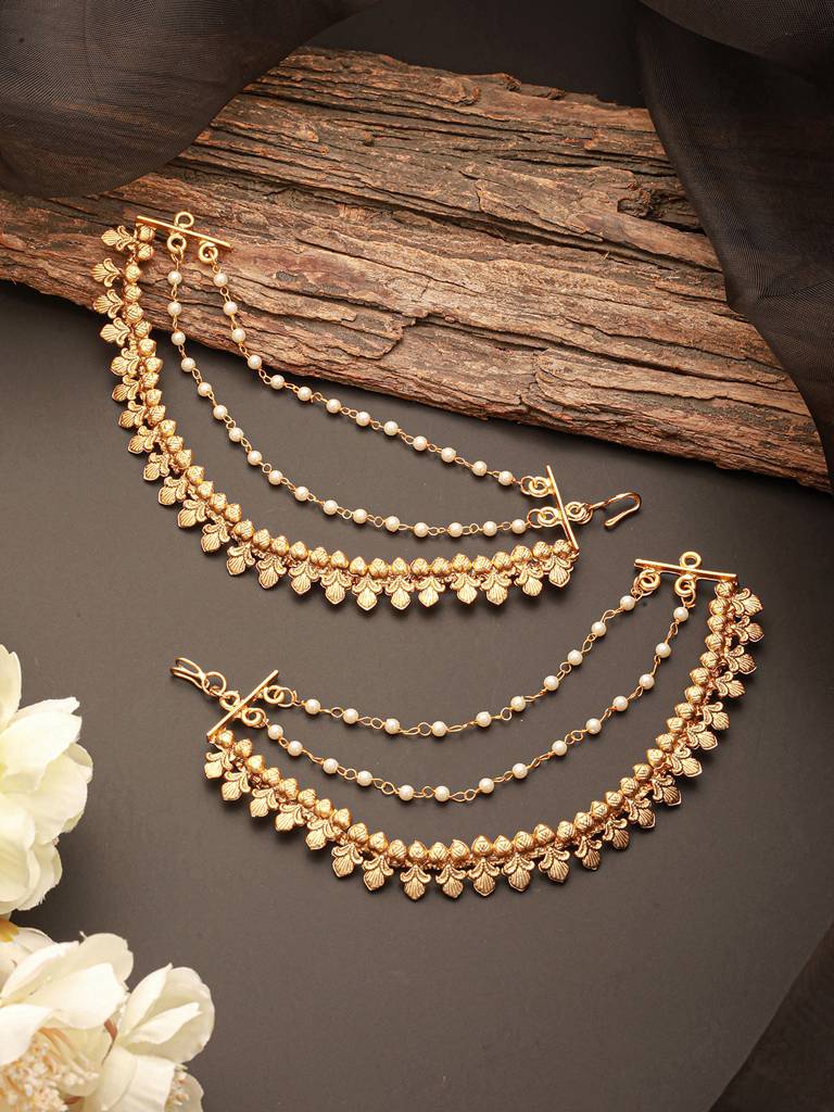 Gold Plated 3 Layered Pearls Matil  Champaswaralu  Temple  Ear Chain Earrings : SJER2698