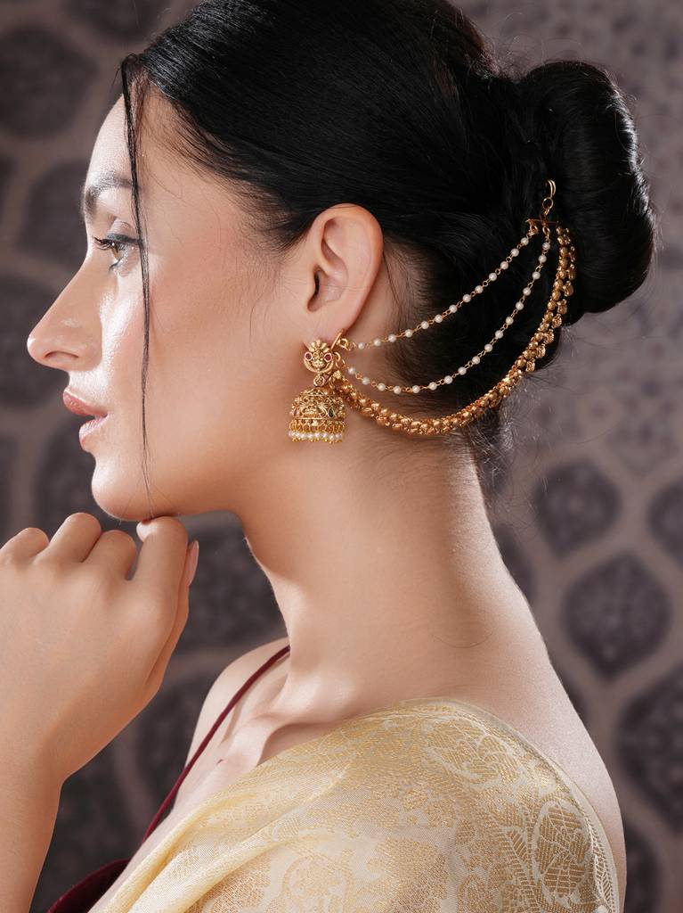 Gold Plated 3 Layered Pearls Matil  Champaswaralu  Temple  Ear Chain Earrings : SJER2698