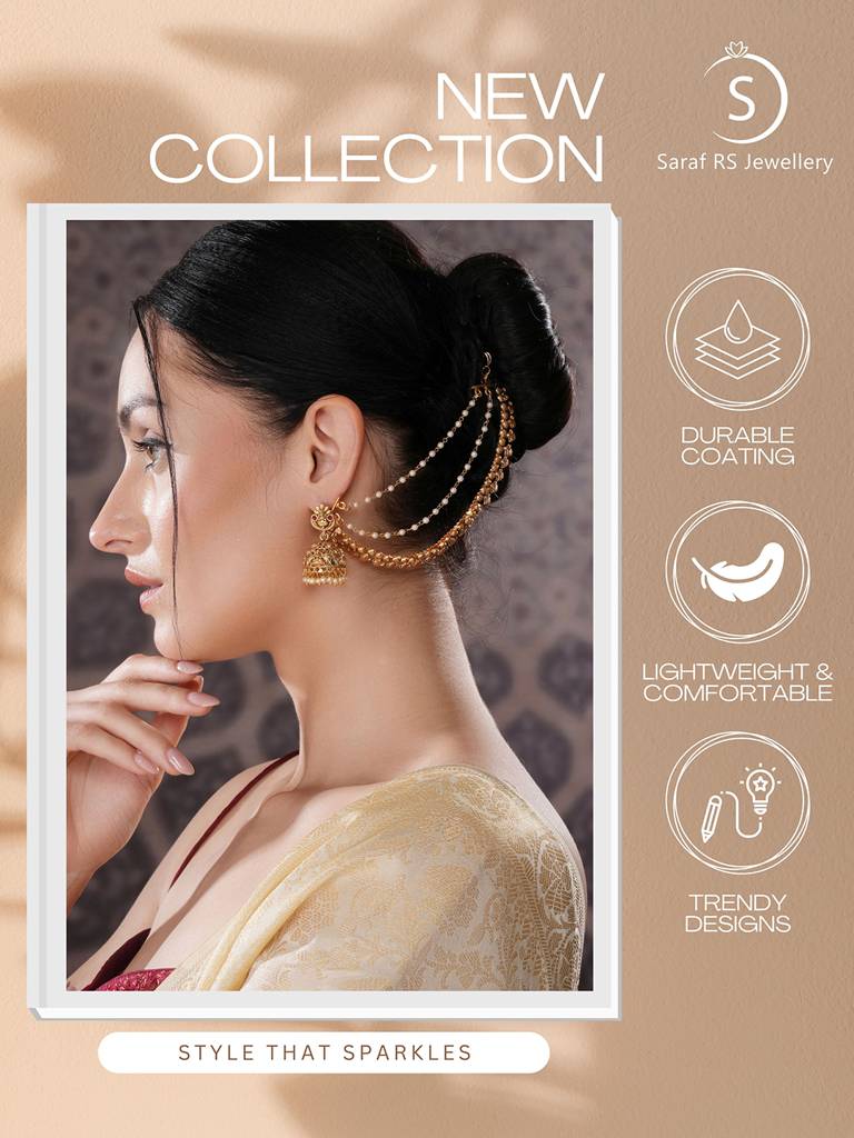Gold Plated 3 Layered Pearls Matil  Champaswaralu  Temple  Ear Chain Earrings : SJER2698