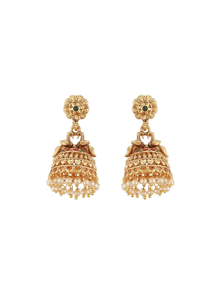 Gold Finish Green Kempo Studded Peacock Design Temple  Jhumka Earrings : SJER2699