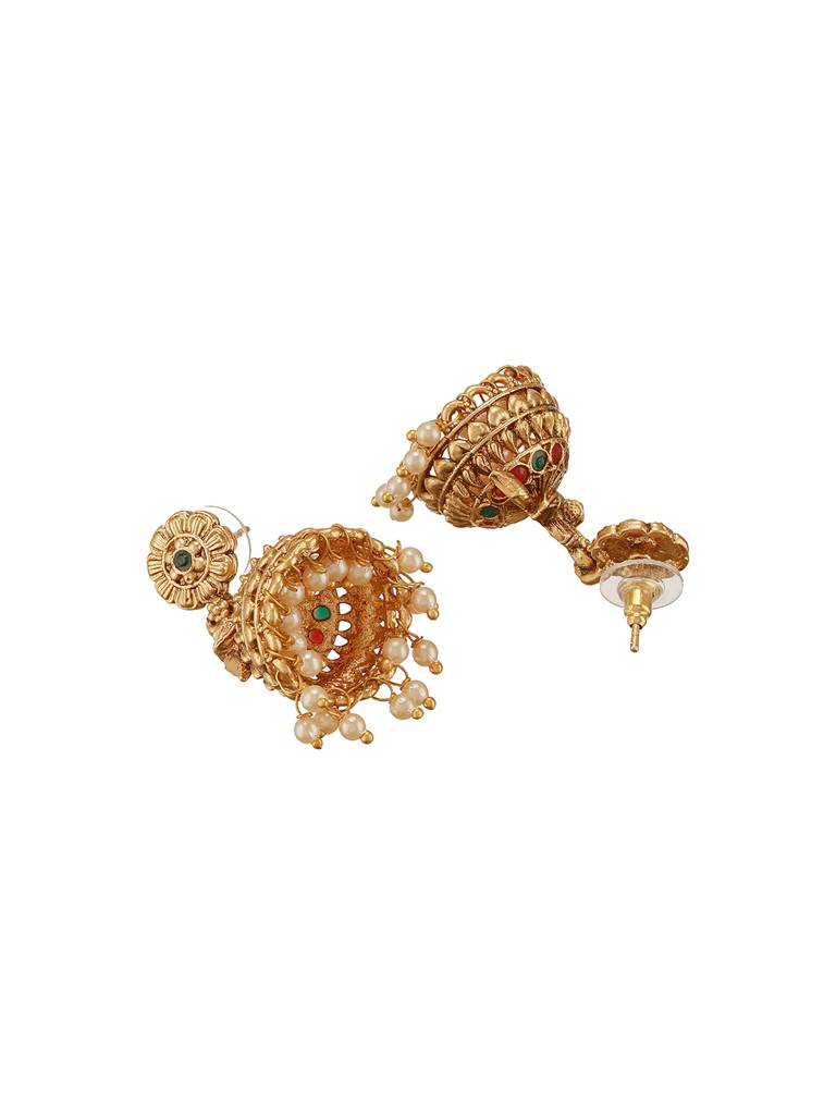 Gold Finish Green Kempo Studded Peacock Design Temple  Jhumka Earrings : SJER2699
