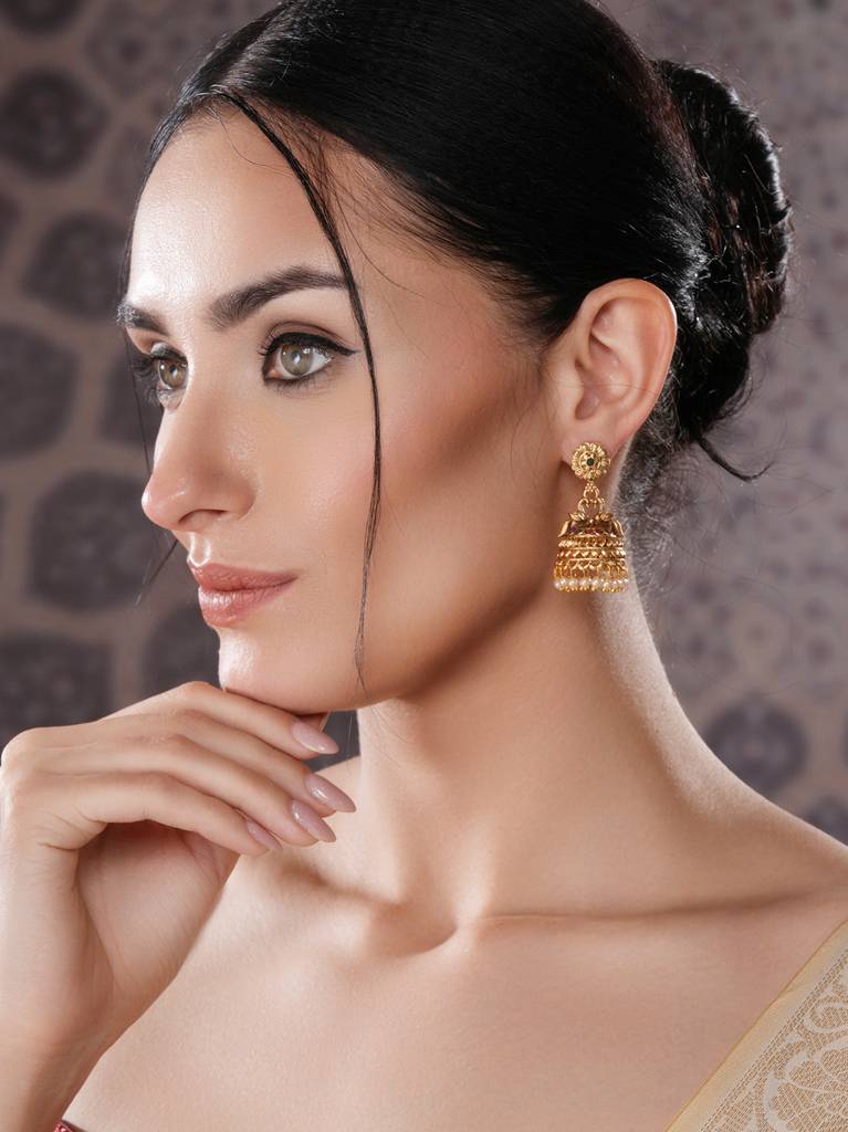 Gold Finish Green Kempo Studded Peacock Design Temple  Jhumka Earrings : SJER2699