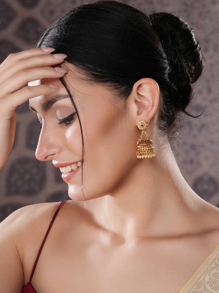 Gold Finish Green Kempo Studded Peacock Design Temple  Jhumka Earrings : SJER2699