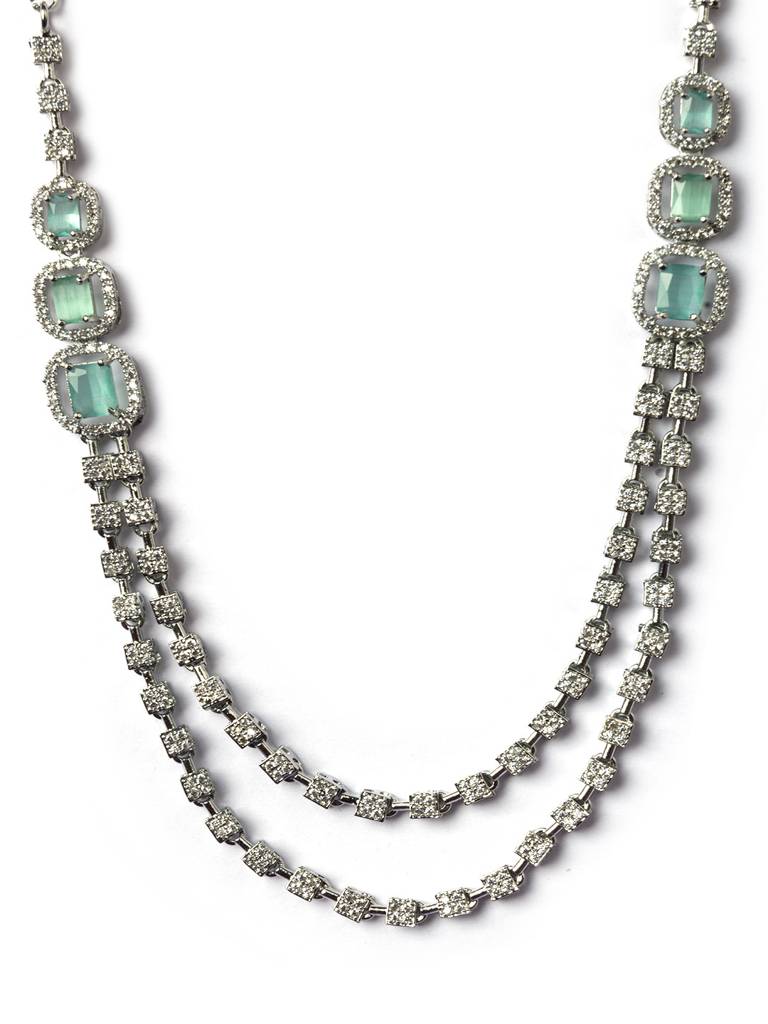Silver-Plated American Diamond Studded Layered Jewellery Set : AD140MINT