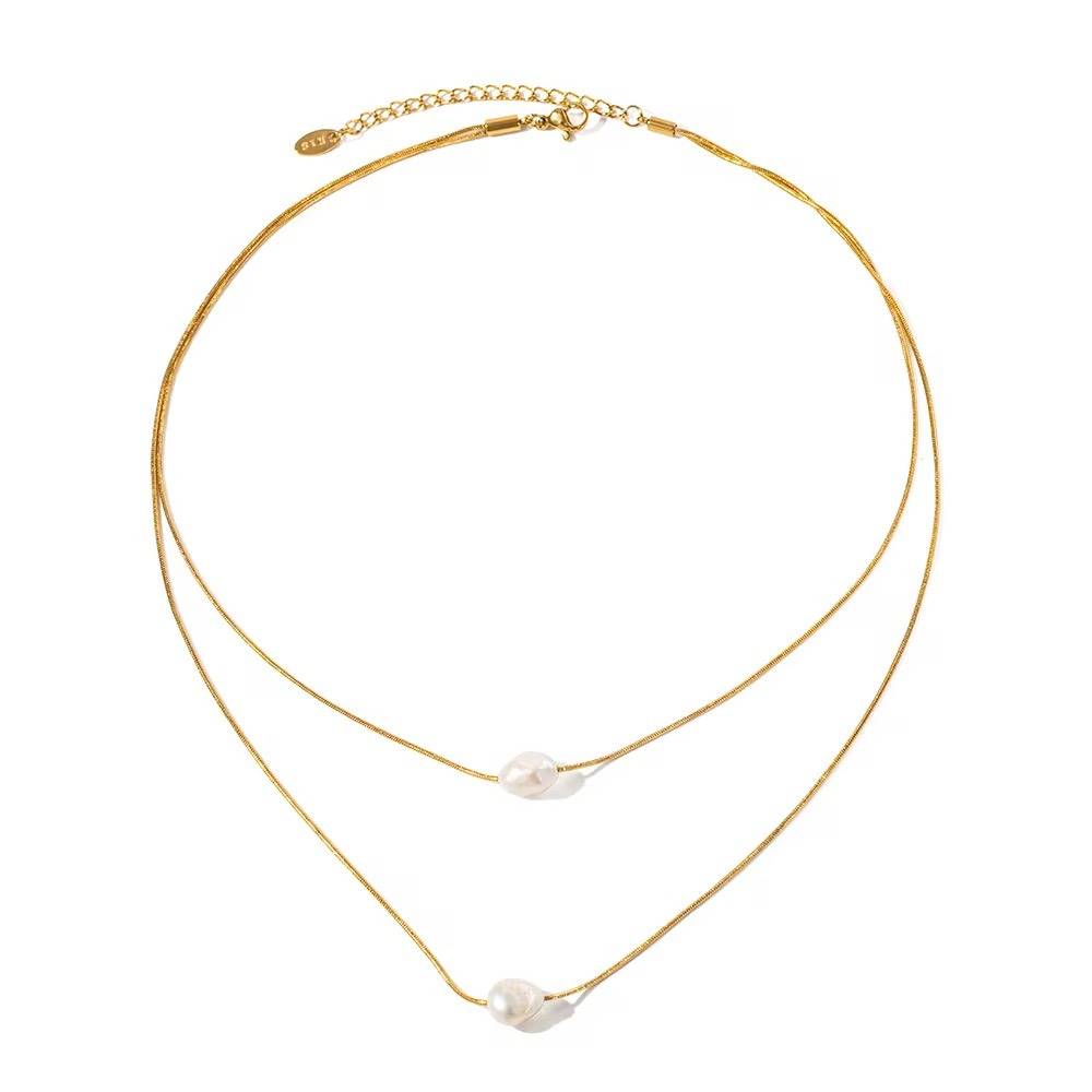 Elegant Double Pearl 18K Gold Plated Surgical Steel Necklace : 100019