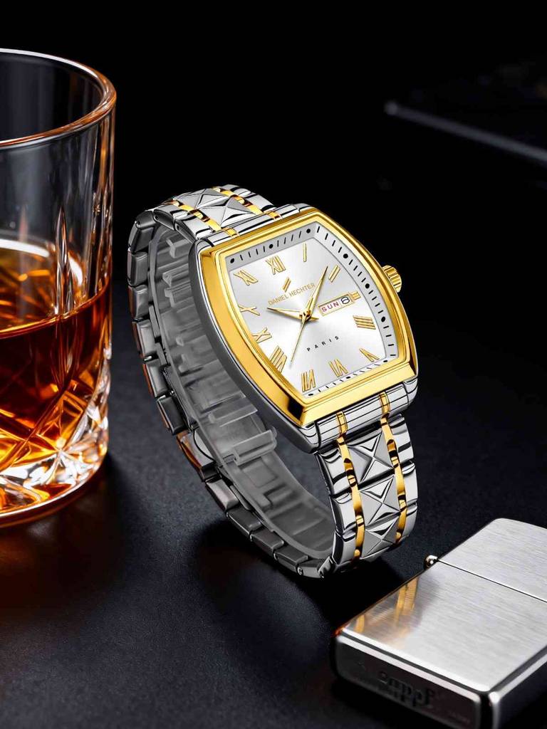 Daniel Hechter Duroc Collection Luxury Watch For Men With Roman Indices, Day-Date Display And Two-Tone Studded St : DHM1025-22