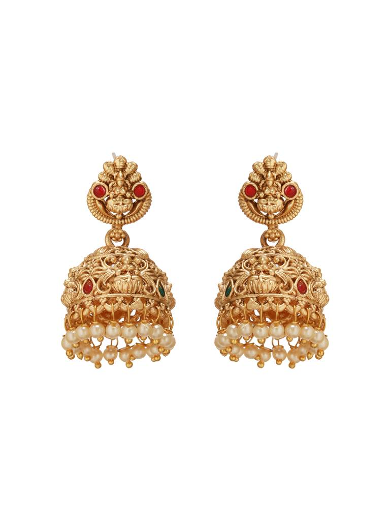 Gold Finish Red  Kempo Studded Nagas Goddesslakshi  Design Temple  Jhumka Earrings : SJER2700