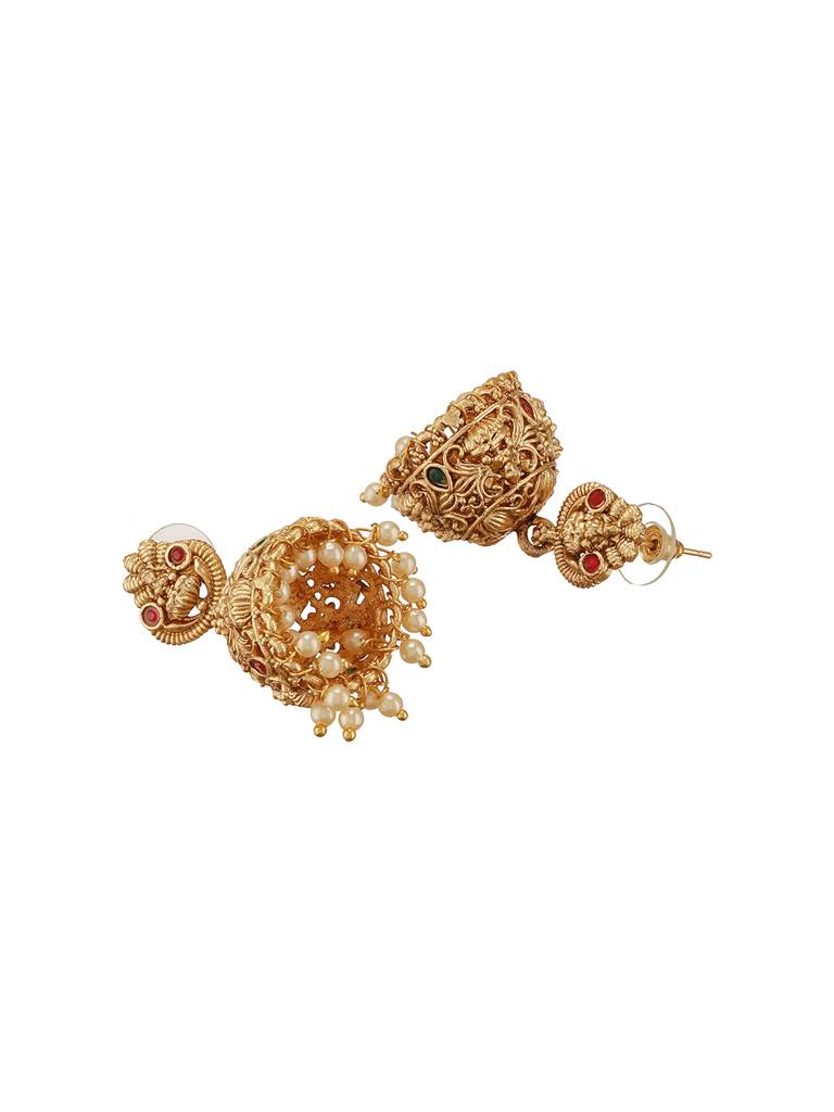 Gold Finish Red  Kempo Studded Nagas Goddesslakshi  Design Temple  Jhumka Earrings : SJER2700