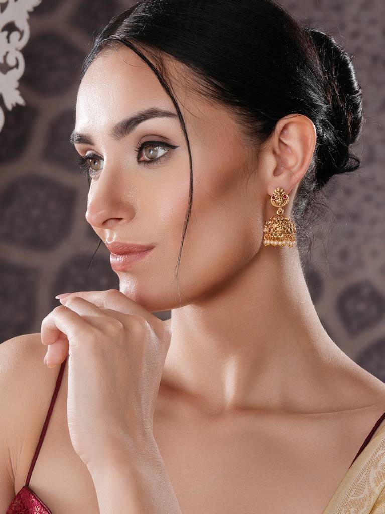 Gold Finish Red  Kempo Studded Nagas Goddesslakshi  Design Temple  Jhumka Earrings : SJER2700