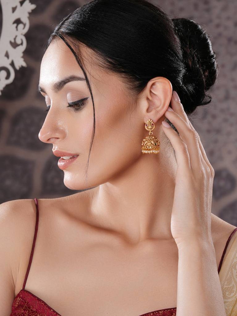 Gold Finish Red  Kempo Studded Nagas Goddesslakshi  Design Temple  Jhumka Earrings : SJER2700