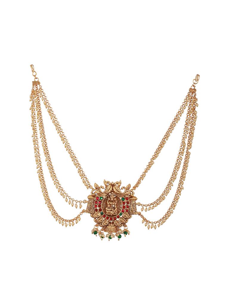 Gold Finish Red  Kempo Studded Nagas Goddess Lakshmi  Design Temple Jadai Billa Bridal Hair Braid   Matha Patti : SJMP2701