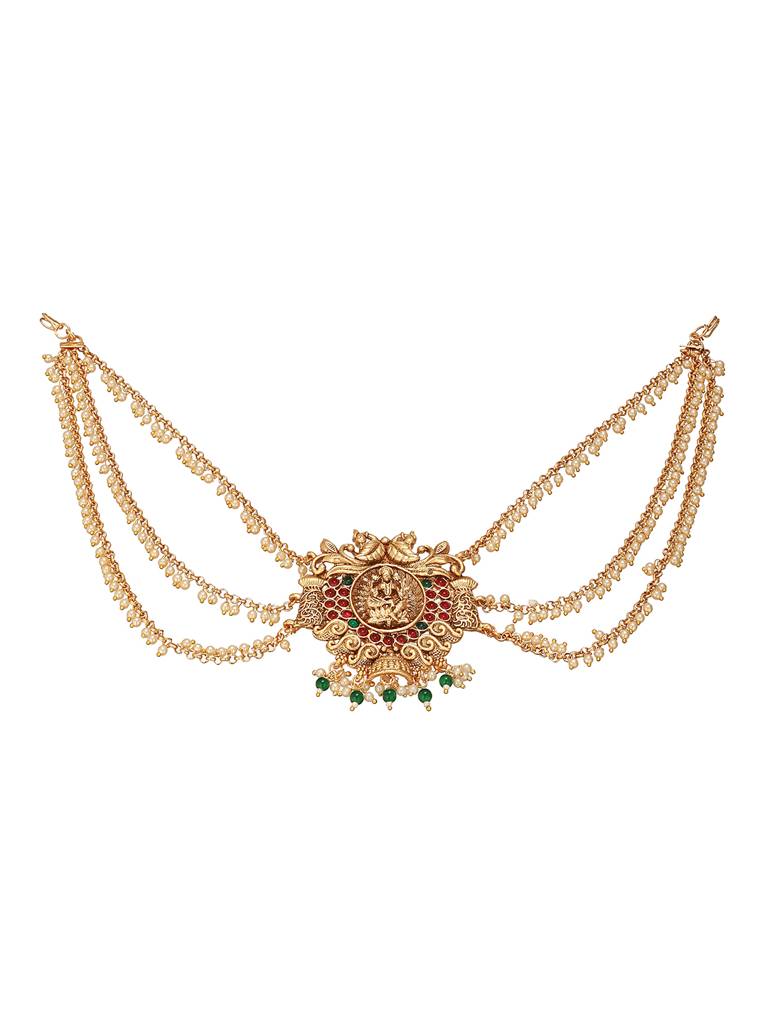 Gold Finish Red  Kempo Studded Nagas Goddess Lakshmi  Design Temple Jadai Billa Bridal Hair Braid   Matha Patti : SJMP2701