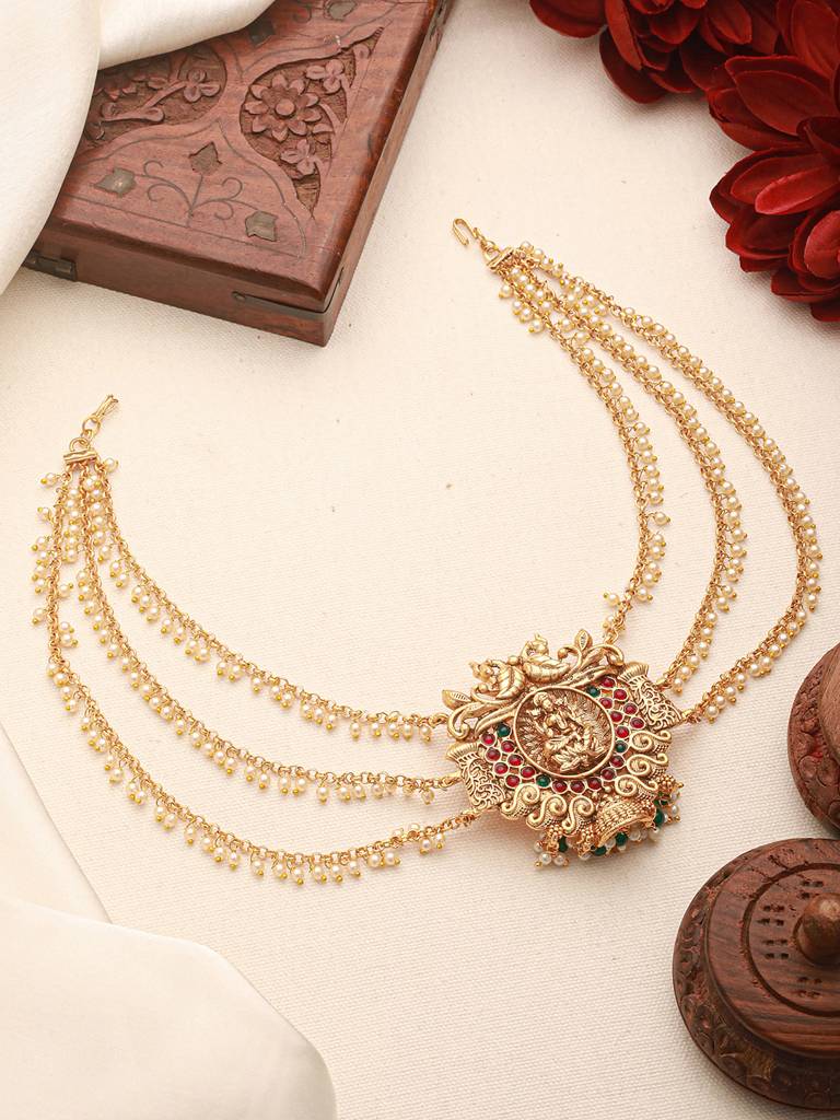 Gold Finish Red  Kempo Studded Nagas Goddess Lakshmi  Design Temple Jadai Billa Bridal Hair Braid   Matha Patti : SJMP2701