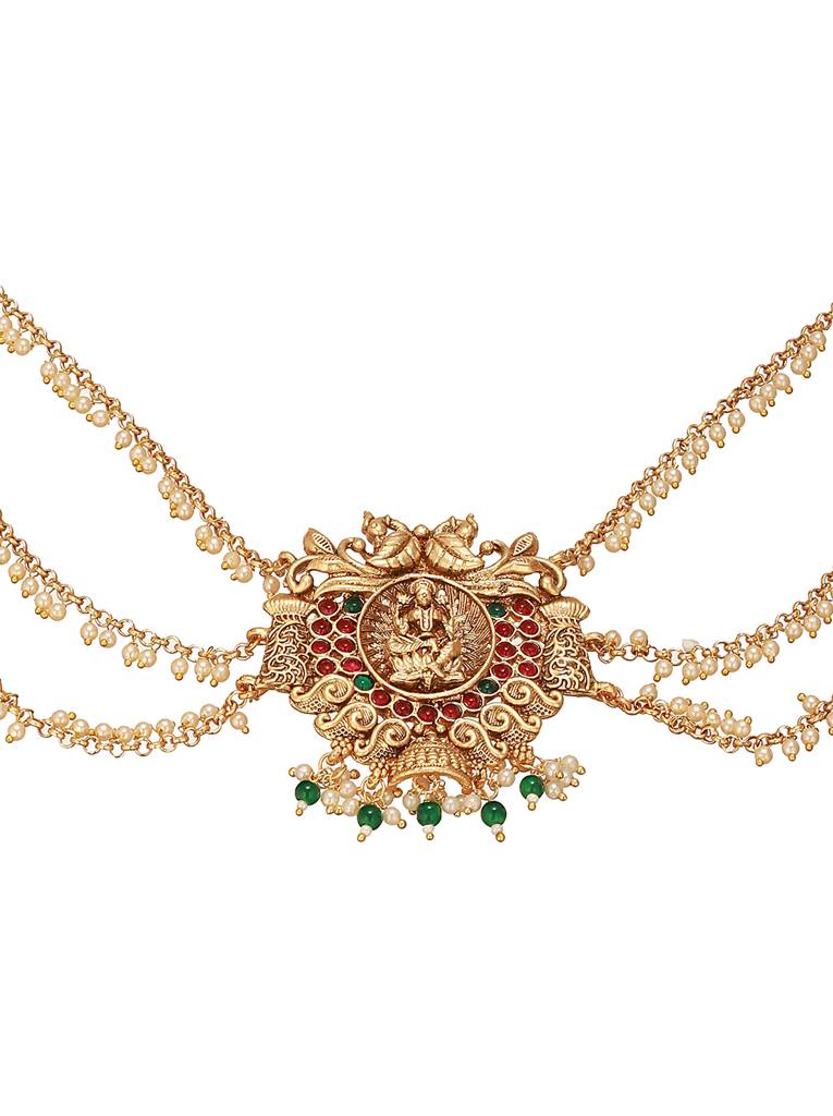 Gold Finish Red  Kempo Studded Nagas Goddess Lakshmi  Design Temple Jadai Billa Bridal Hair Braid   Matha Patti : SJMP2701