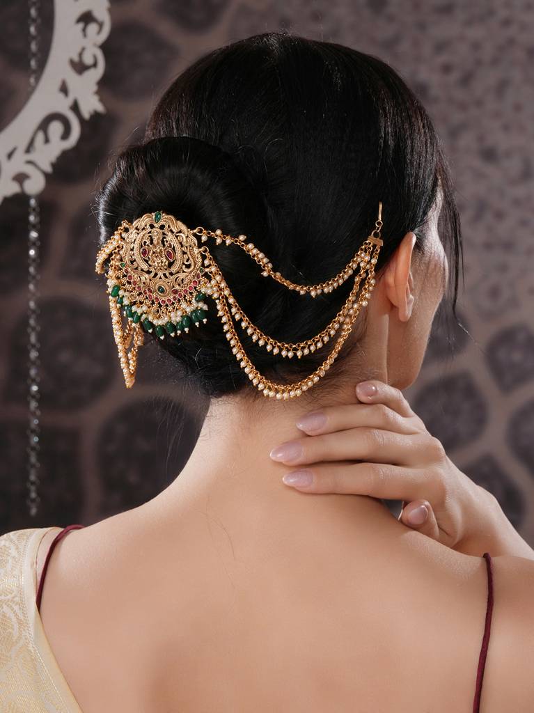 Gold Finish Red Kempo Studded Goddess Lakshmi Design Temple Jadai Billa ...