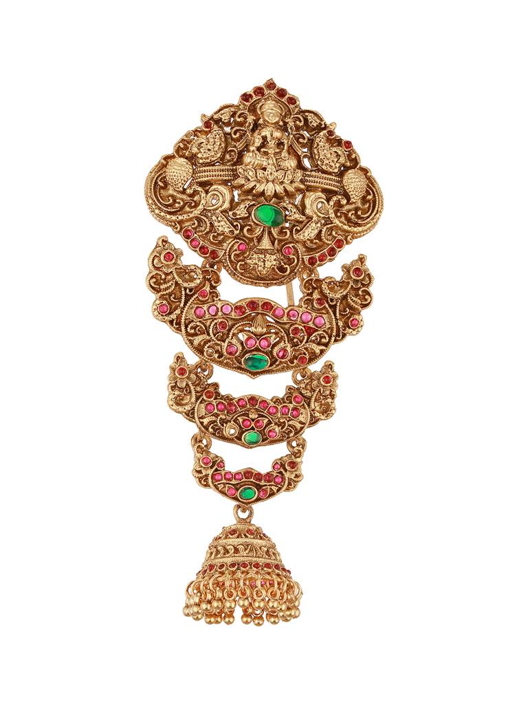 Gold Plated Red Kempo Studded Nagas Lakshmiji  Temple Jadai Billa Hair Braid Choti : SJCH2704