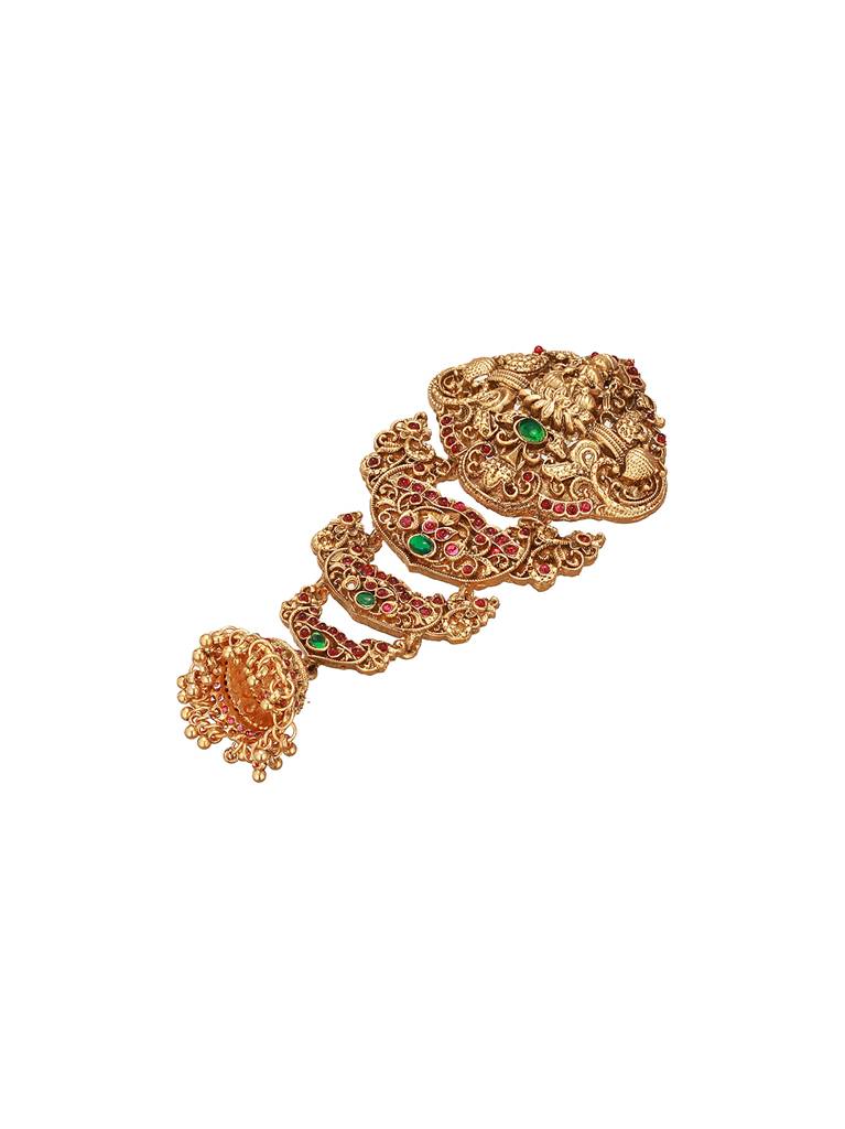Gold Plated Red Kempo Studded Nagas Lakshmiji  Temple Jadai Billa Hair Braid Choti : SJCH2704