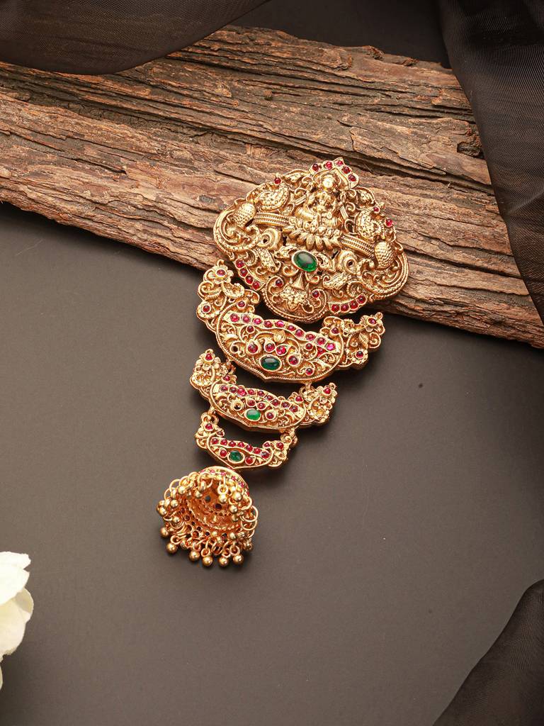 Gold Plated Red Kempo Studded Nagas Lakshmiji  Temple Jadai Billa Hair Braid Choti : SJCH2704