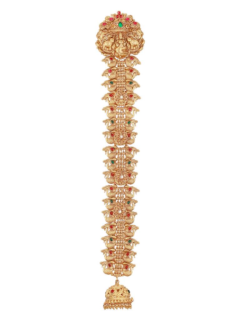Gold Look Nakshi Kempo Studded Lakshmi Ji Peacock Jadai Billa Bridal Hair Braid Choti : SJCH2706
