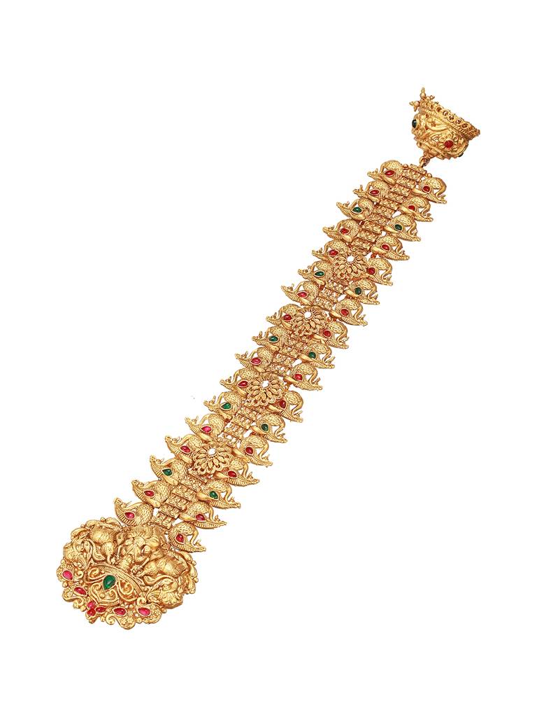 Gold Look Nakshi Kempo Studded Lakshmi Ji Peacock Jadai Billa Bridal Hair Braid Choti : SJCH2706