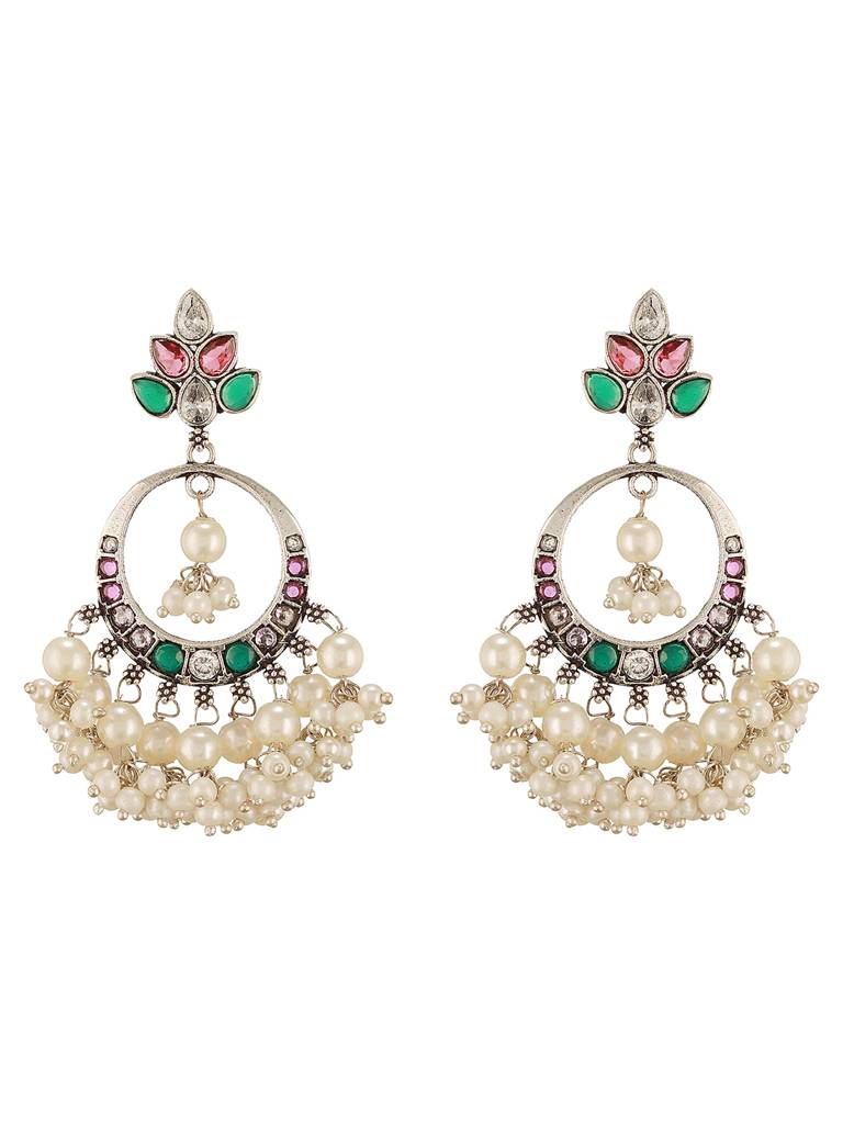 Silver Oxidised  Plated Red & Green Ad Studded Handcrafted  Chandbali Dropdown Earrings : SJER2707