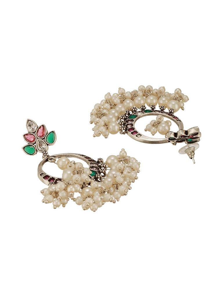 Silver Oxidised  Plated Red & Green Ad Studded Handcrafted  Chandbali Dropdown Earrings : SJER2707