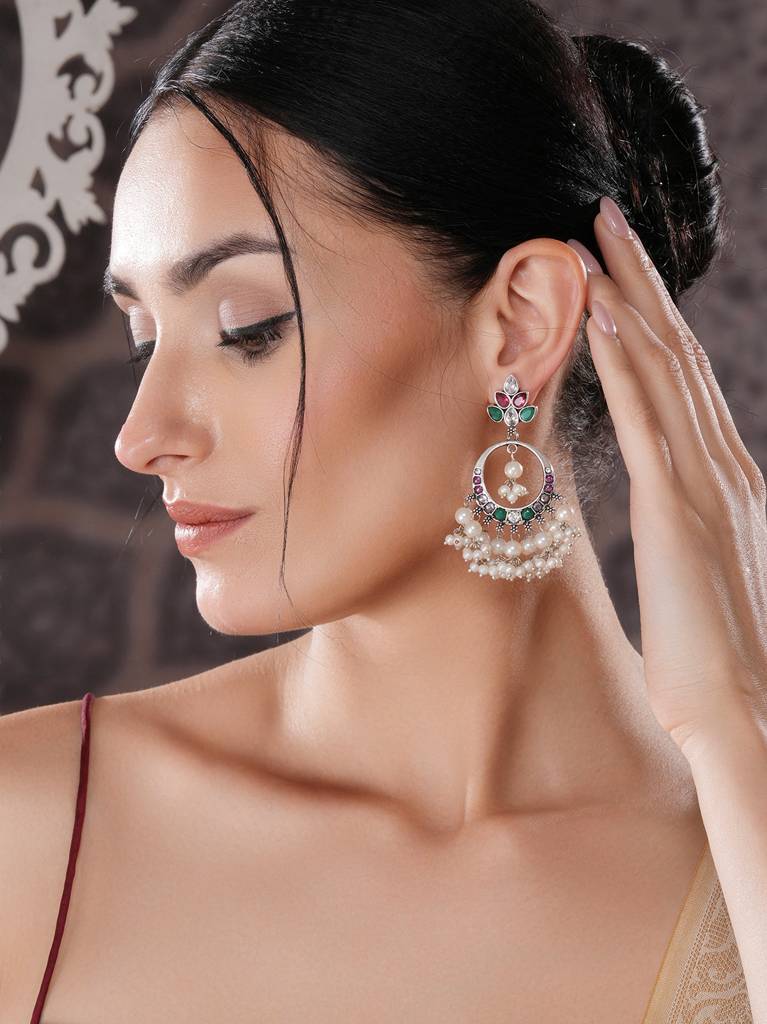 Silver Oxidised  Plated Red & Green Ad Studded Handcrafted  Chandbali Dropdown Earrings : SJER2707