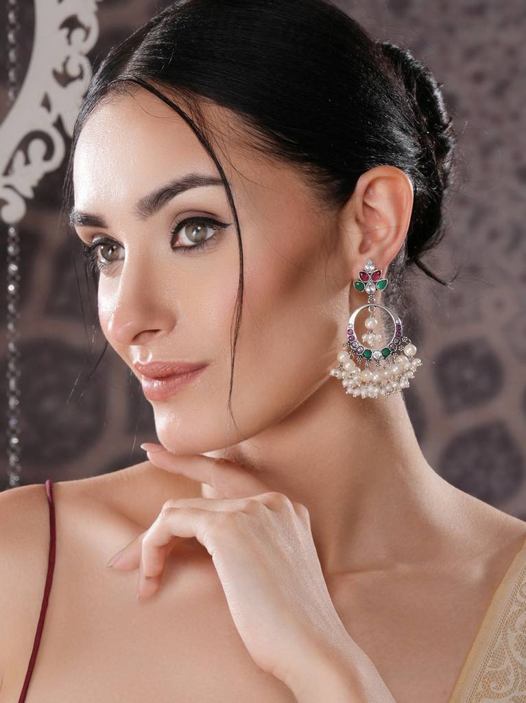 Silver Oxidised  Plated Red & Green Ad Studded Handcrafted  Chandbali Dropdown Earrings : SJER2707